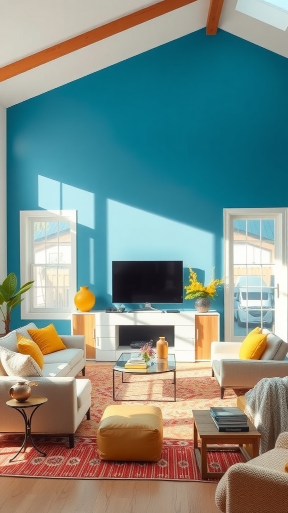 A bright living room featuring a blue accent wall, yellow accents, and cozy furnishings.