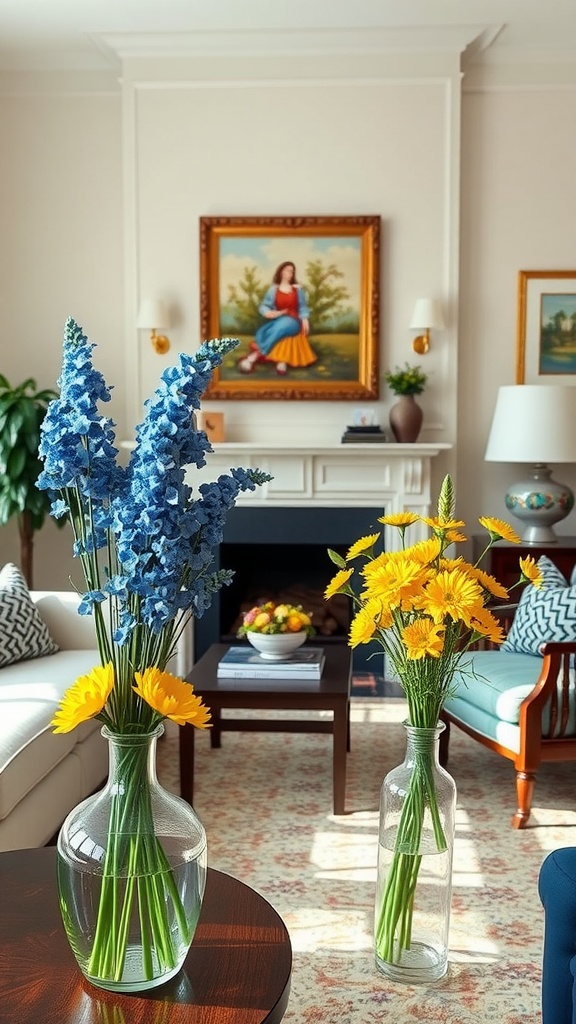 A living room with blue delphiniums and yellow gerbera daisies in clear vases, complementing the decor