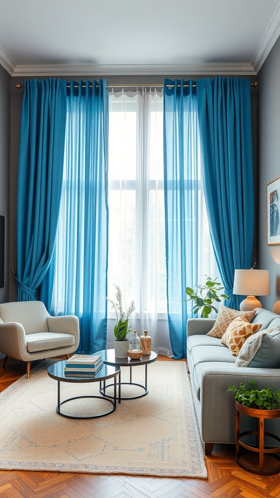 A living room featuring bright blue curtains hanging against gray walls, with a light gray couch and a round coffee table.