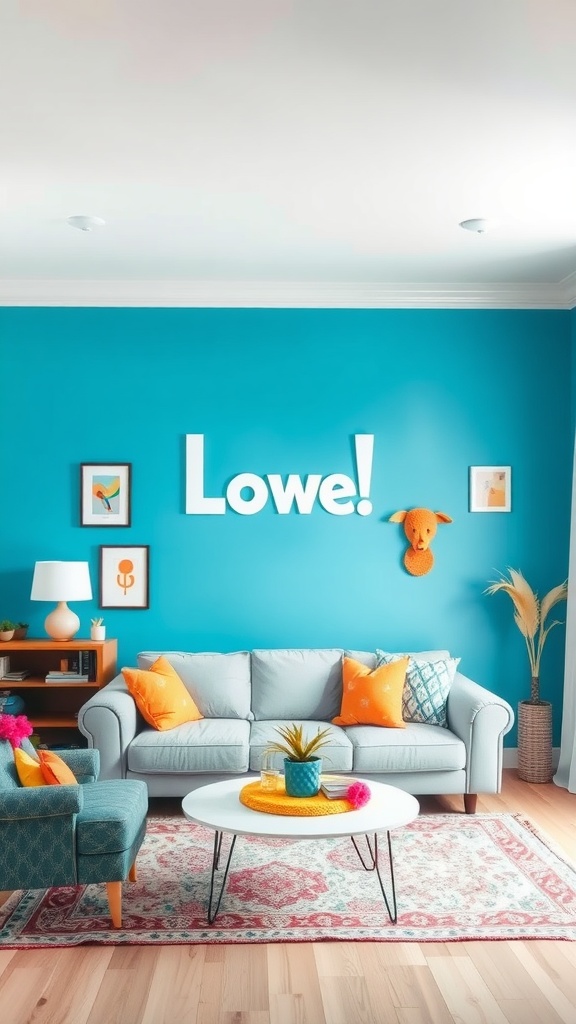 A bright blue accent wall in a playful living room with a light sofa, colorful cushions, and cheerful decor.