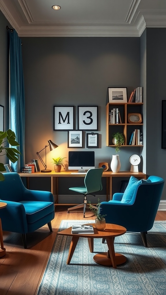 A stylish home office nook featuring bright blue chairs, a wooden desk, and decorative accents.