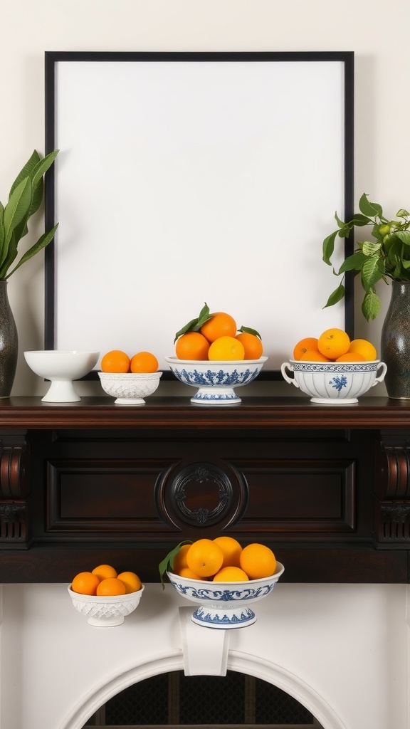 A mantel decorated with bowls of oranges and green leaves, creating a bright citrus display.