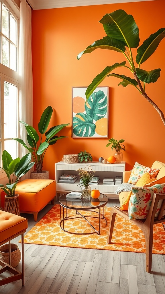 Bright citrus orange living room with plants and colorful decor