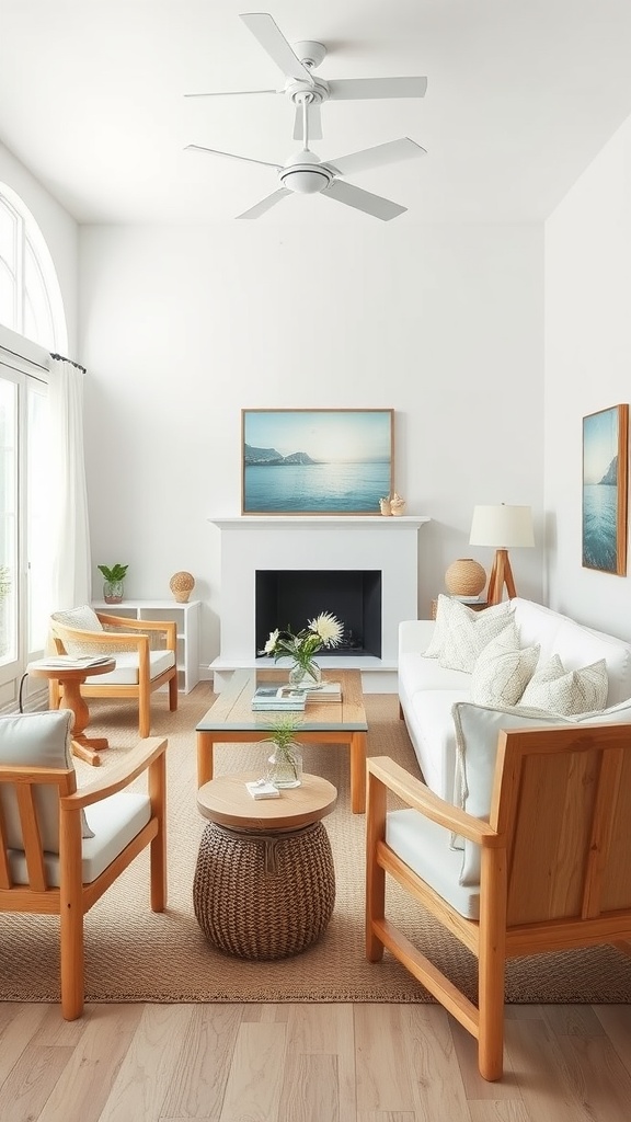 Bright coastal living room with white walls and wooden furniture