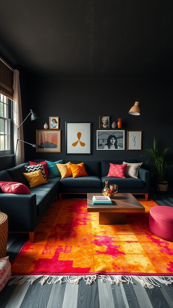 A black living room featuring a bright orange and pink rug, colorful cushions, and framed artworks on the walls.