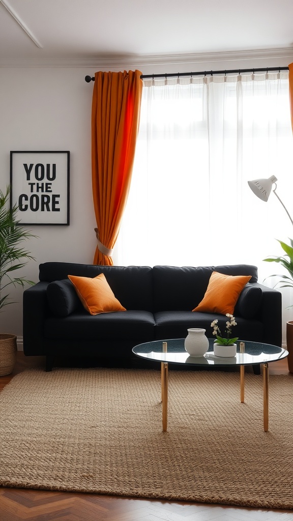 A modern living room featuring a black couch with orange curtains, a glass coffee table, and plants.