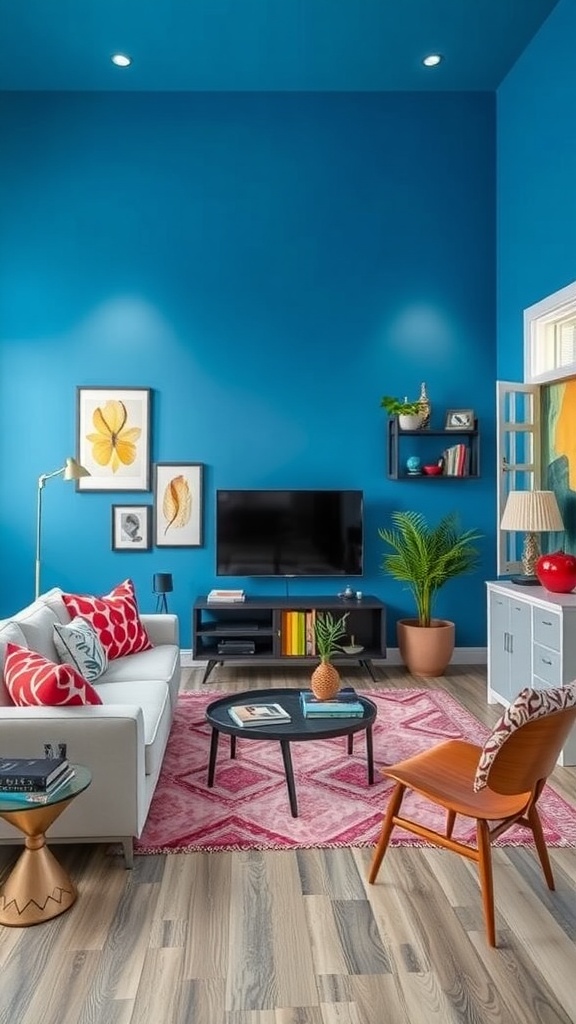 Living room with bright electric blue wall, stylish furniture, and vibrant decor