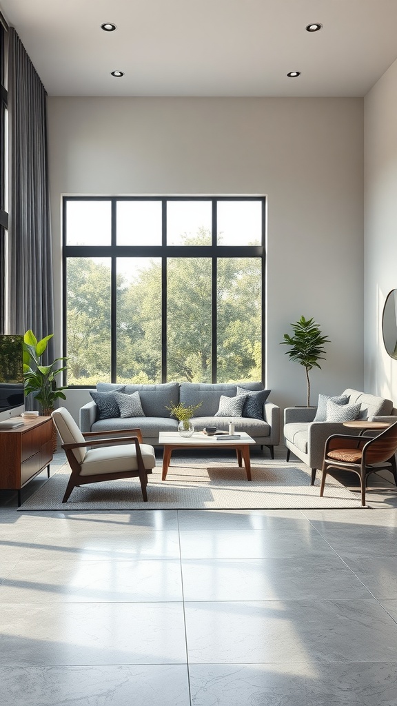 A bright and airy living room featuring gray floor tiles, a gray sofa, wooden furniture, and large windows letting in natural light.