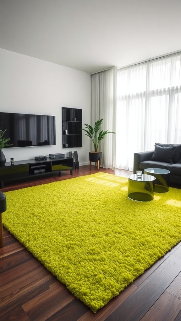 Living room featuring a bright green area rug on hardwood flooring with dark furniture and a glass coffee table.