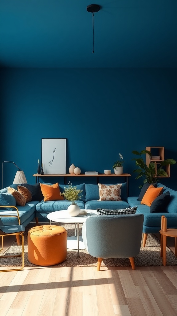 A stylish living room featuring bright indigo walls, light blue furniture, and orange and brown accents.