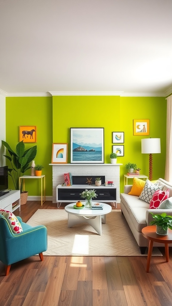 A bright lime green accent wall in a stylish living room with cheerful decor.