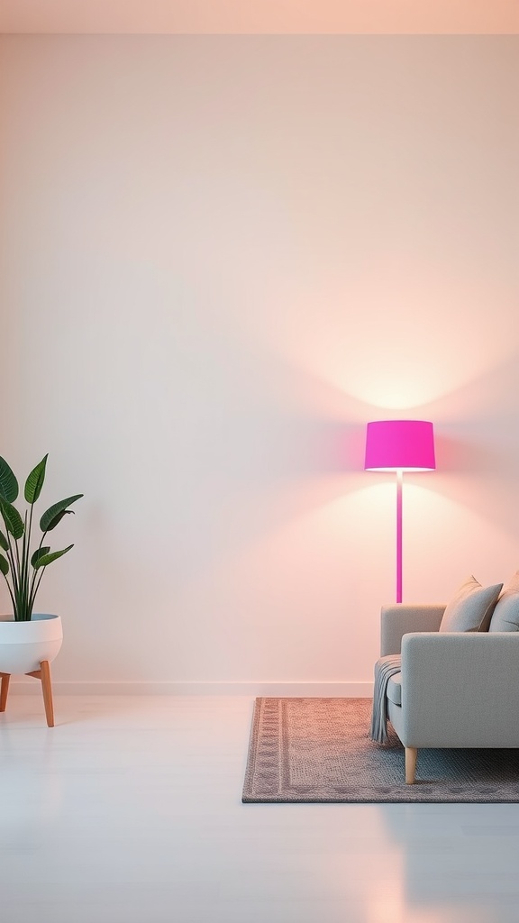 A bright pink floor lamp next to a cozy gray sofa in a stylish living room.