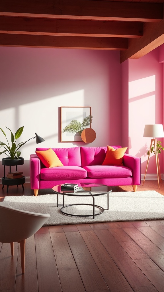 A bright pink love seat with orange cushions in a modern living room with natural light and wooden floors.