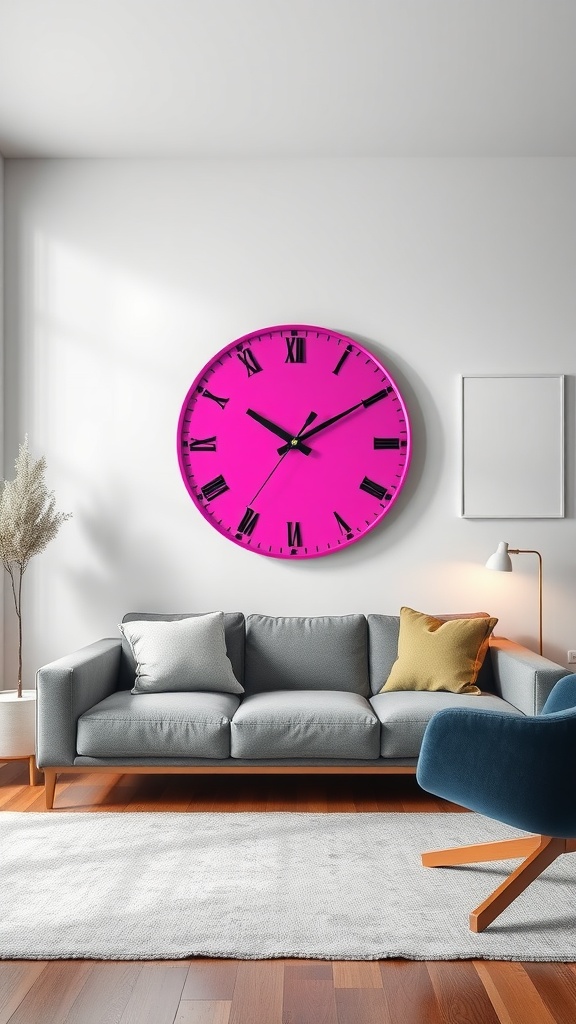 A bright pink wall clock mounted on a white wall, above a gray sofa and decorative items.