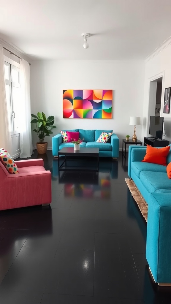 Bright living room with turquoise sofas, pink chair, and colorful artwork on black floor