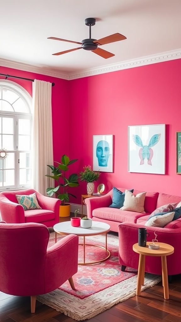 A bright living room painted in Raspberry Sorbet, featuring pink furniture, artwork, and green plants.