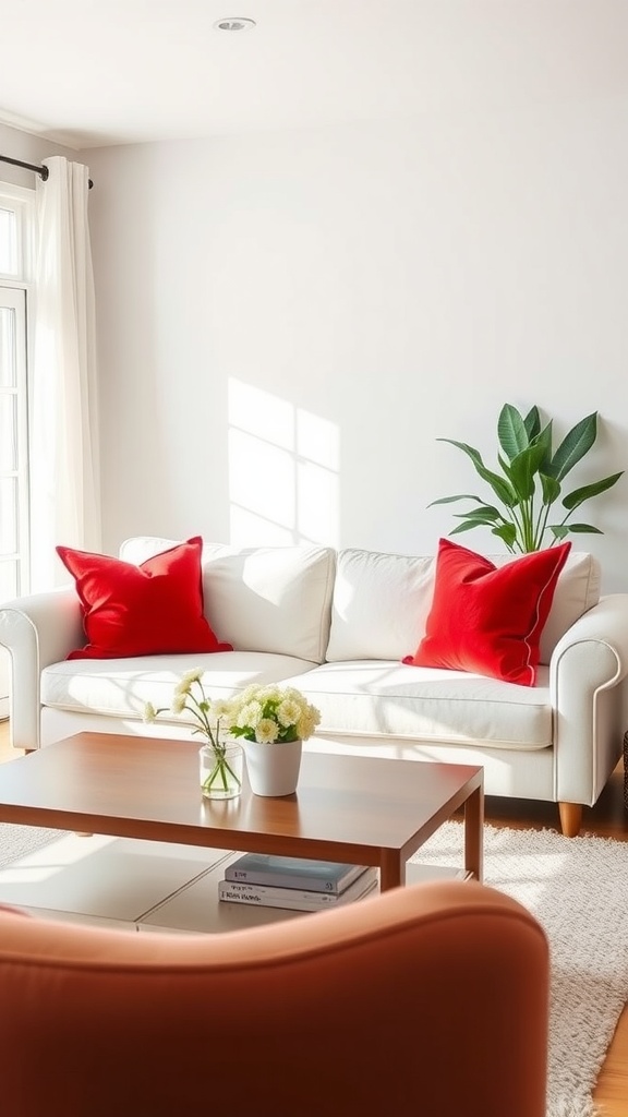 Living room with a white sofa adorned with bright red throw pillows, a wooden coffee table, and a potted plant.