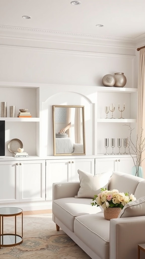 Bright silver accessories arranged on white shelves in a stylish living room