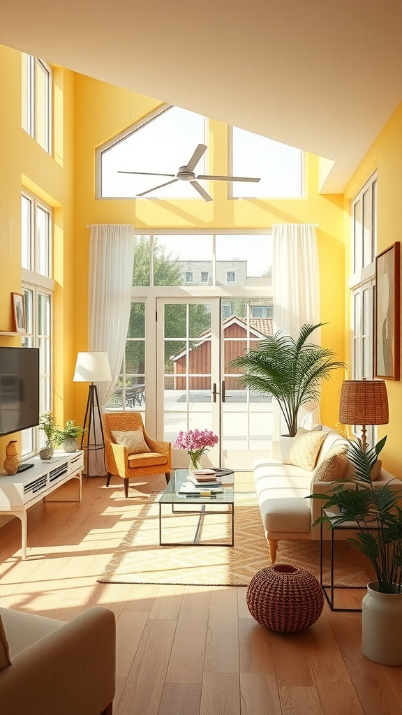 A living room painted in bright sky yellow with large windows and modern furniture