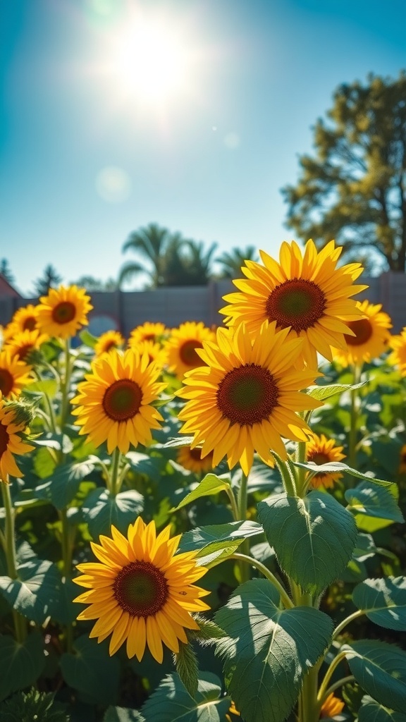 A vibrant sunflower patch under a bright sun, showcasing sunny yellow petals and lush green leaves.