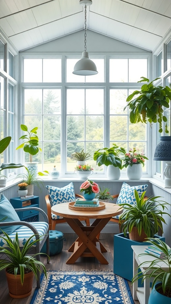 Bright sunroom with blue and white decor, featuring large windows, plants, and a wooden table