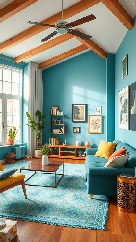 A living room featuring bright teal walls, wooden beams, a teal sofa, and a warm brown coffee table, with natural light flooding in.