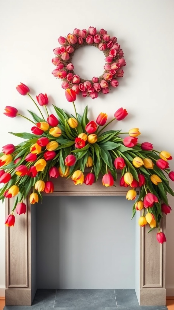 A vibrant arrangement of red and yellow tulips cascading over a mantle with a matching tulip wreath above.