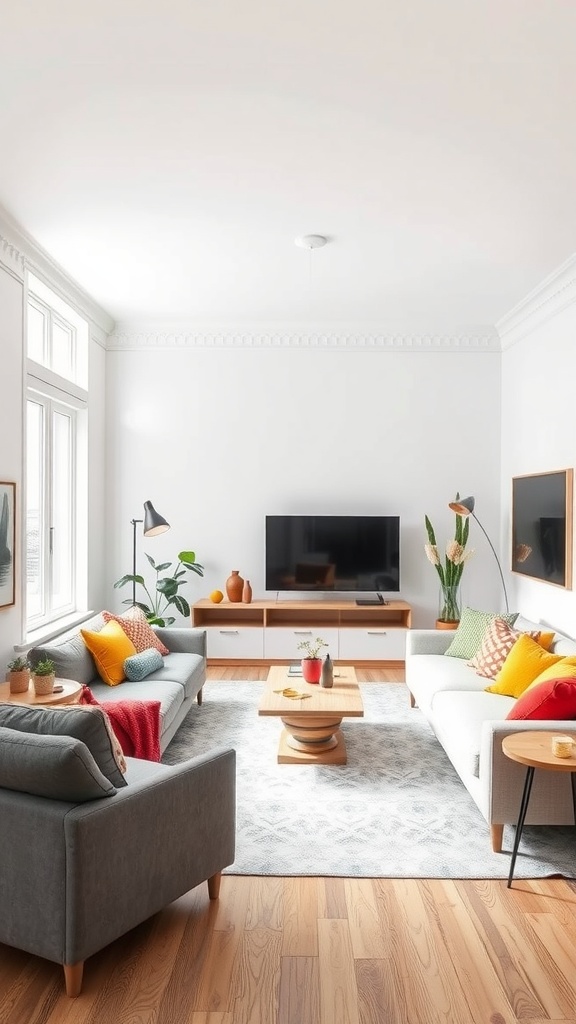 A cozy living room with bright white walls, colorful cushions, and wooden flooring.