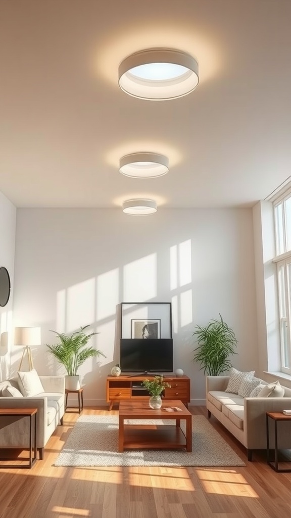 Living room with bright white ceiling lights, pink and grey decor, and wooden furniture.