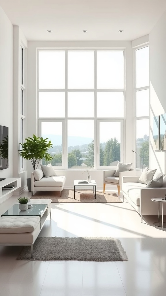 A bright, minimalist living room with large windows, white furniture, and a touch of greenery.