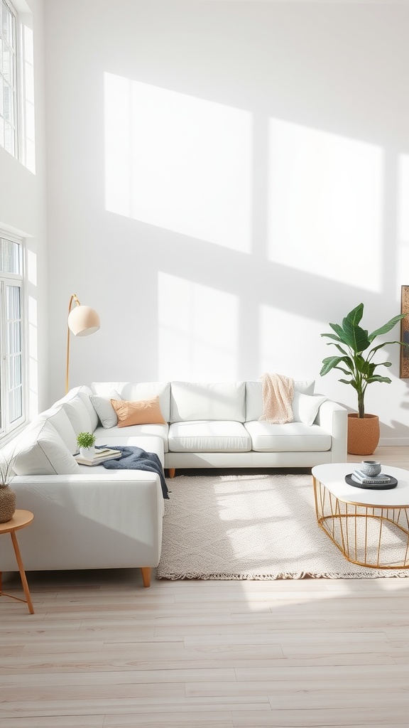 Bright white sectional sofa in a modern living room with natural light and minimal decor