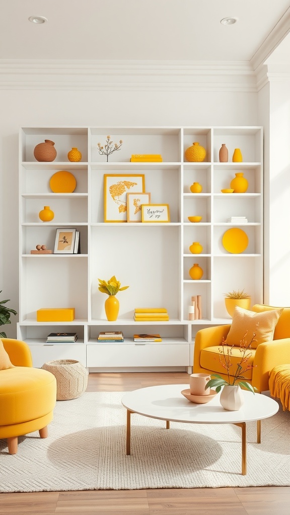 Living room with bright white shelving filled with yellow décor, featuring yellow chairs and a white coffee table.