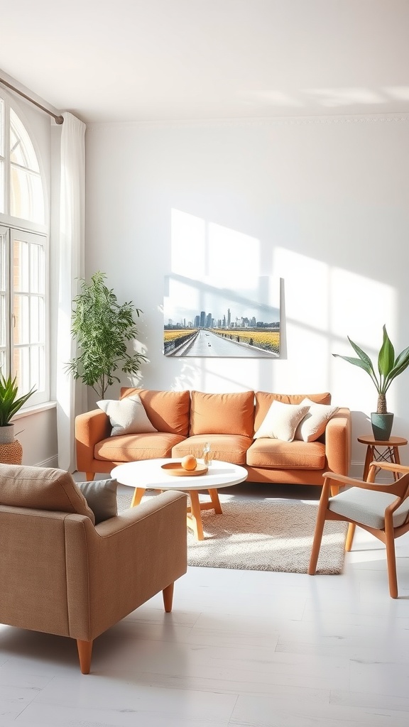 Living room with a brown couch, white walls, and natural light