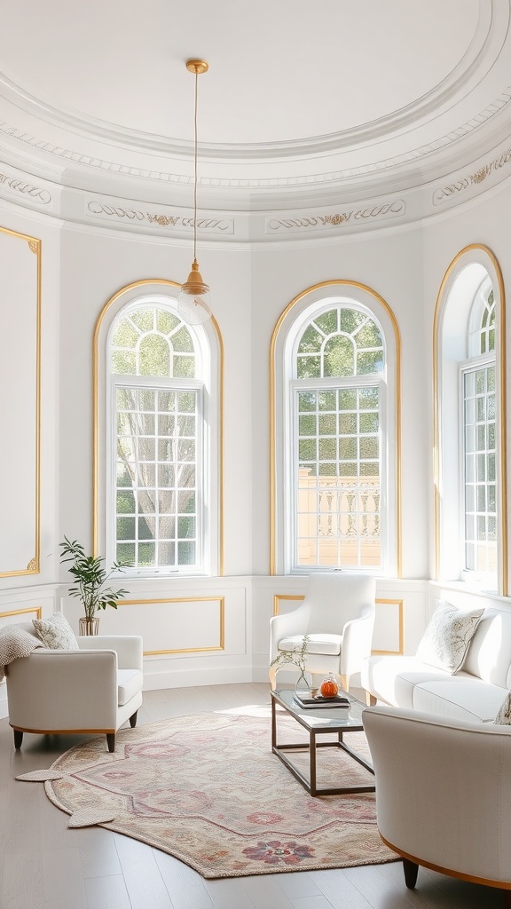 Bright white living room with gold trims and large windows