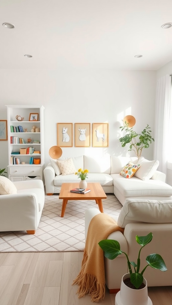 Bright white living room with family-friendly design featuring white furniture, colorful cushions, and a light wood coffee table.