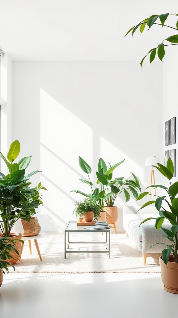 Bright white living room decorated with various greenery in terracotta pots, featuring a light rug and a glass coffee table