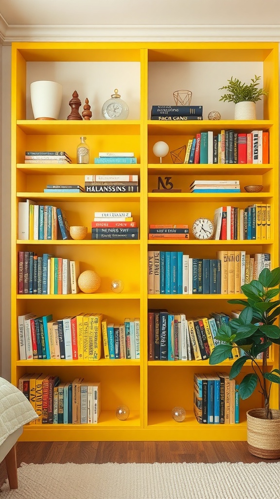 A bright yellow bookcase filled with books and decorative items, creating a vibrant atmosphere in a bedroom.