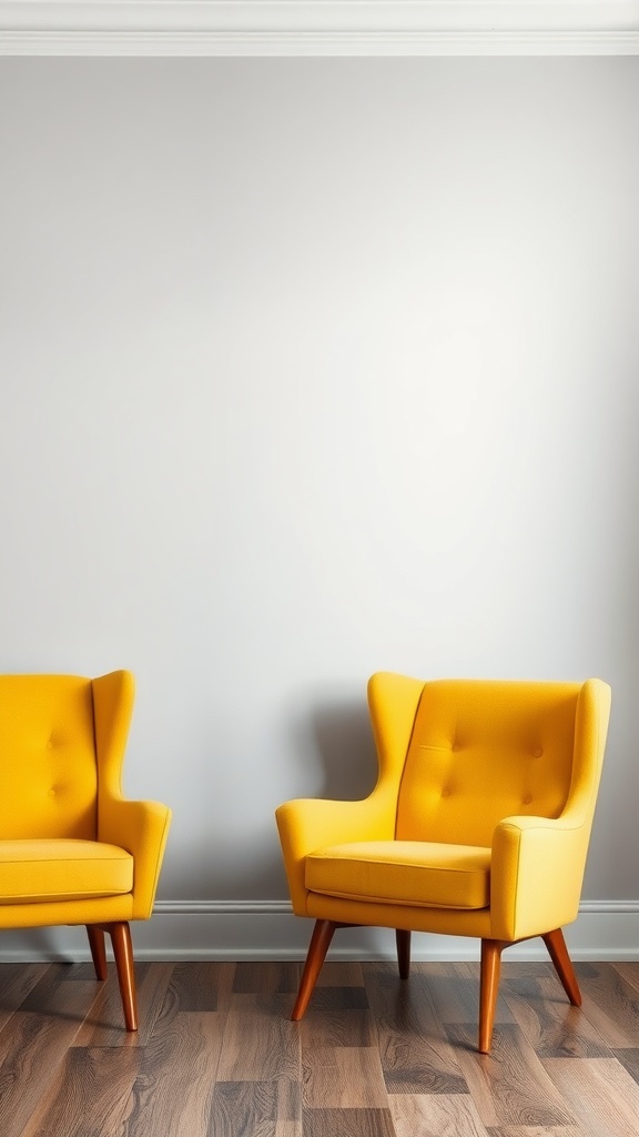 A cozy living room featuring bright yellow chairs on a grey background.