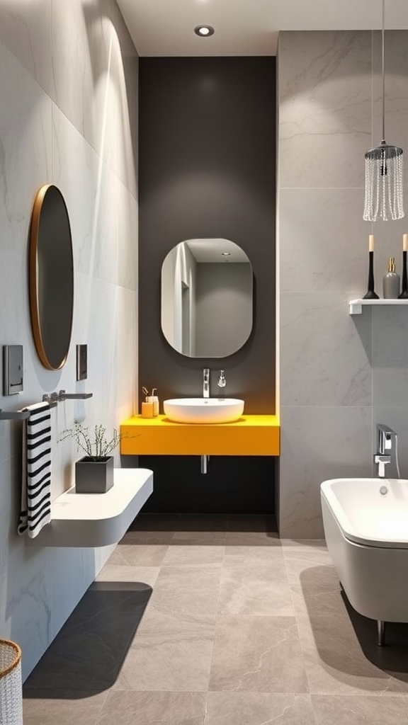 Bathroom featuring a bright yellow floating vanity with a round sink, modern fixtures, and stylish decor.