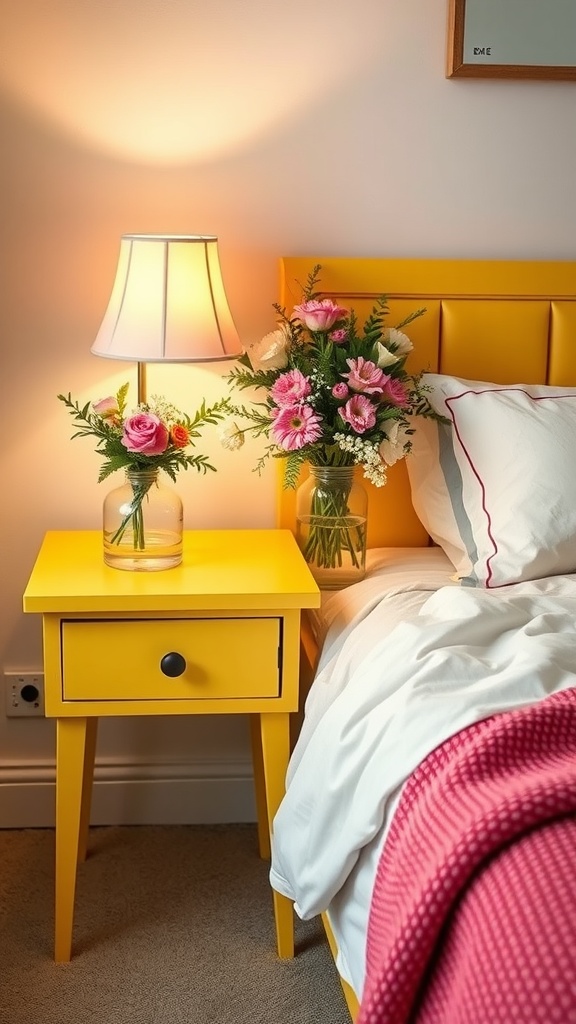 A bright yellow nightstand with a lamp and flowers beside a bed.