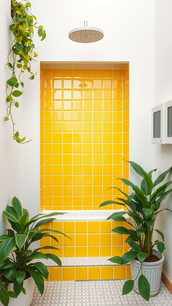 A bright yellow shower niche with square tiles, surrounded by plants, creating a cheerful bathroom atmosphere.