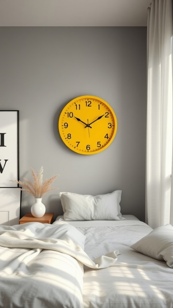 A bright yellow wall clock on a gray wall above a bed with white bedding