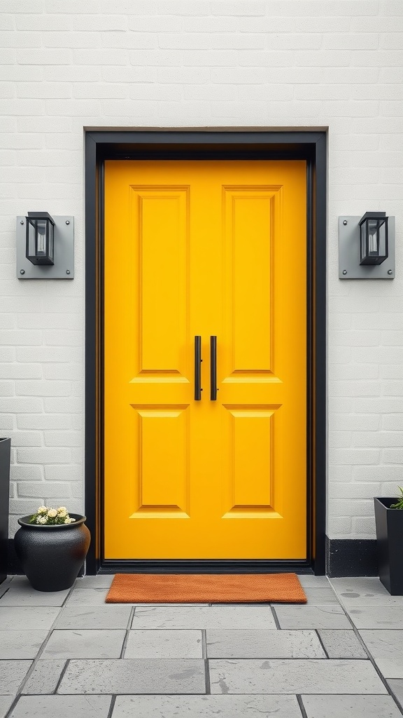 Bright yellow front door with a black frame