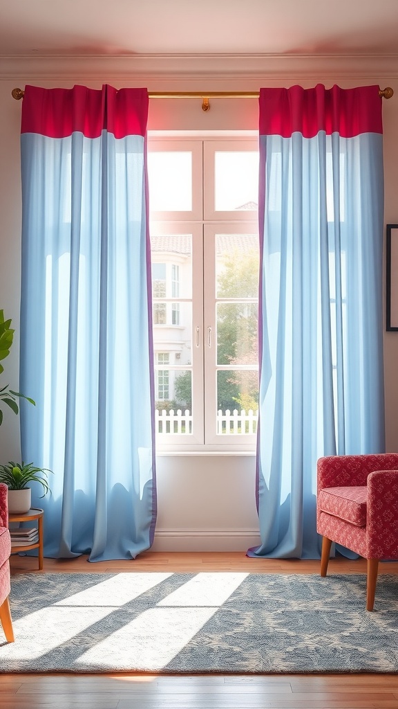 Bright blue curtains with red trim in a living room, paired with pink chairs and a patterned rug.