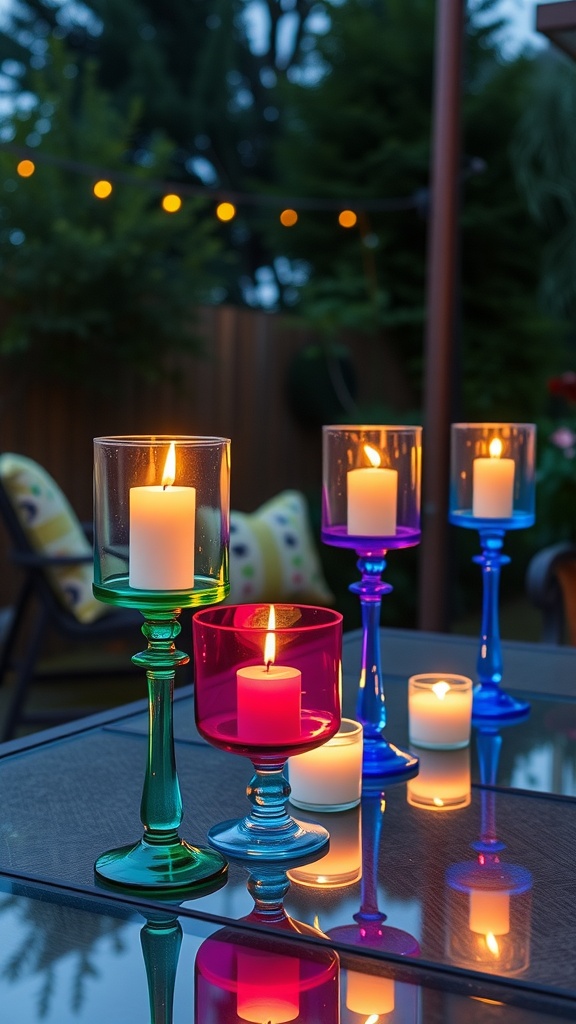 Brightly colored candle holders with candles glowing on a table outdoors