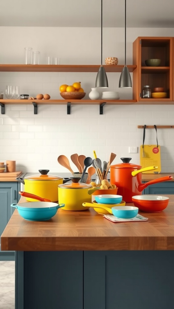 A colorful collection of cookware on a kitchen island featuring yellow and blue pots and bowls.