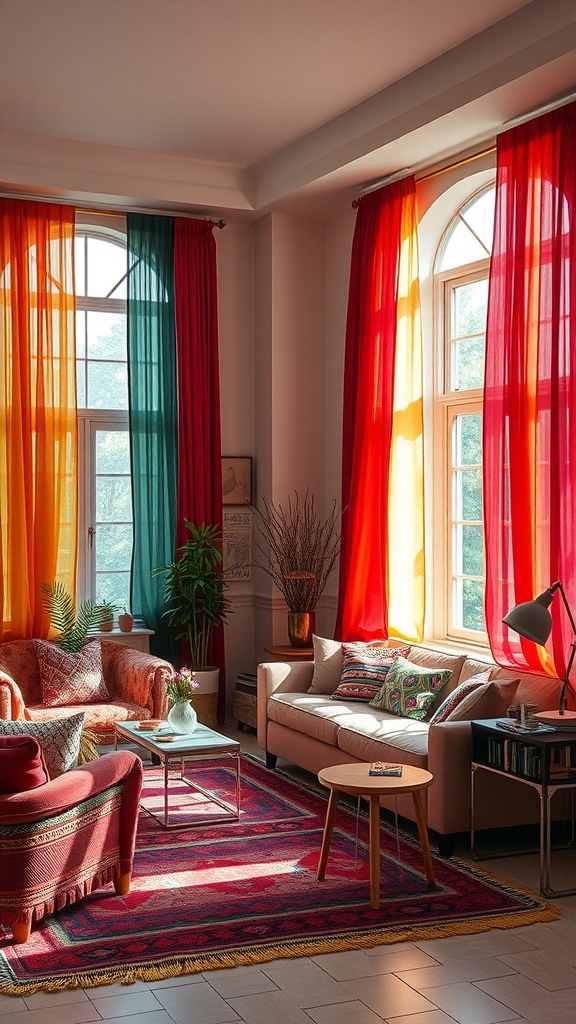 A boho living room with brightly colored curtains in orange, green, red, and yellow, featuring cozy furniture and plants.