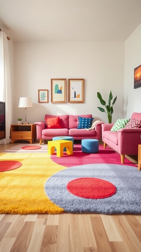 A colorful kids' rug in a lively living room with pink couches and playful decor