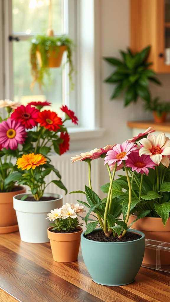 A colorful arrangement of potted flowers on a kitchen table, with various pots showcasing vibrant blooms.