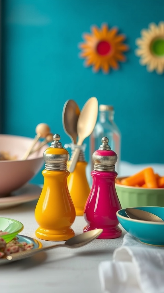 Brightly colored table accessories including yellow and pink salt and pepper shakers, golden spoons, and colorful bowls